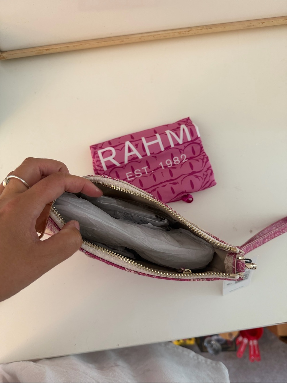 Brahmin Pink and Cream Textured Check Wristlet - Picture 3 of 3